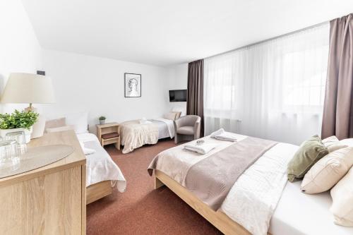 a hotel room with two beds and a desk at Penzion Pepovka in Filipovice