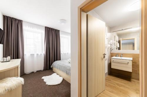 a bedroom with a bed and a sink and a mirror at Penzion Pepovka in Filipovice