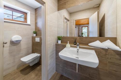 a bathroom with a sink and a toilet at Penzion Pepovka in Filipovice