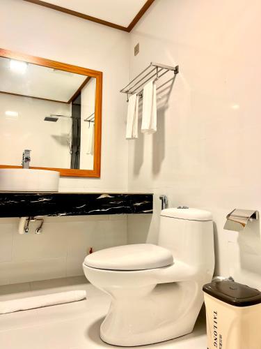 a white bathroom with a toilet and a mirror at Vilu Residence in Maamigili