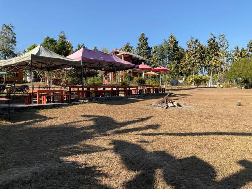 a group of tables with umbrellas and a dog laying on the ground at Bansuan viewpai in Pai