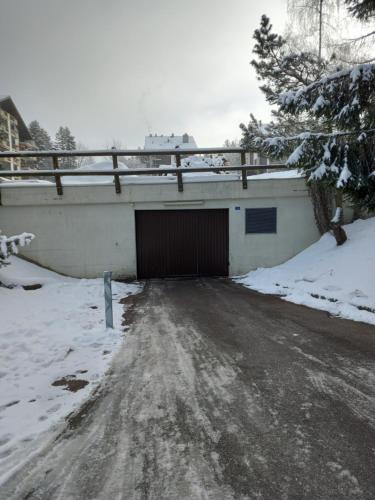 a garage with a garage door in the snow at Relax aux Paccots : été comme hiver in Les Paccots