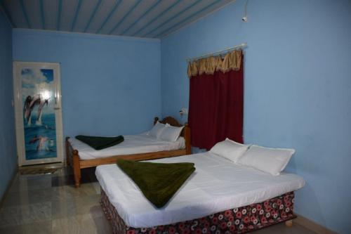 馬蒂寇裡的住宿－Green Coorg Homestay，蓝色墙壁客房的两张床