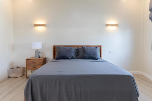a bedroom with a large bed with blue pillows at The Nordic House in Bacnotan
