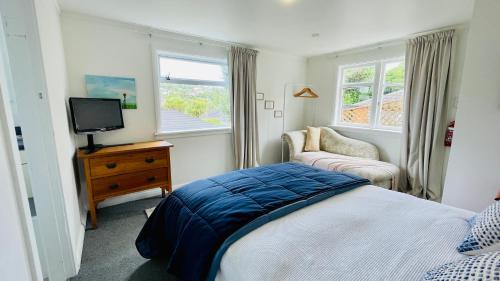 1 dormitorio con 1 cama, TV y silla en Little Home on Glanmire, en Wellington