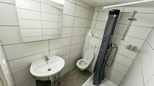 uma pequena casa de banho com WC e lavatório em Studio avec kitchenette tout équipée em Porrentruy