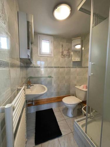 une salle de bain avec toilettes et lavabo dans l'établissement Chez Loulou - Appartement Honfleur -, à Honfleur
