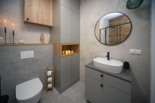 a bathroom with a toilet and a sink and a mirror at Maya's Flats & Resorts 80 - Garnizon Gdansk in Gdańsk