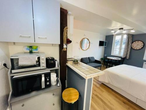 Cette petite chambre comprend un lit et un four micro-ondes. dans l'établissement Studio Chez Sissi - hypercentre -, à Honfleur