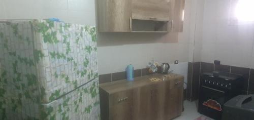 a kitchen with a wooden cabinet and a sink at Seashell in Quseir