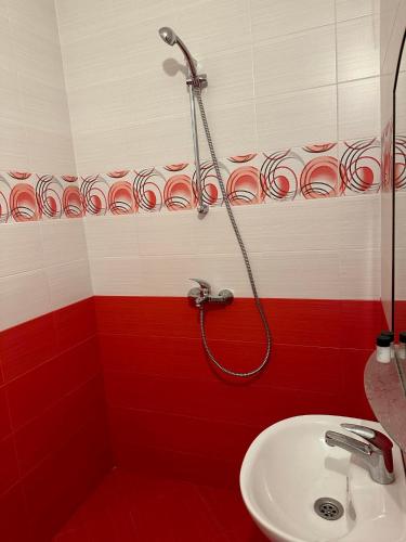 a red and white bathroom with a shower and a sink at Къща за гости Арнаудови in Kostandovo