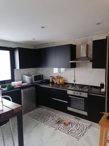 a kitchen with black cabinets and a stove at MAISON JOE in Gammarth