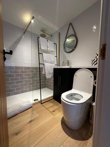 a bathroom with a toilet and a shower at The stables at the Grange in York