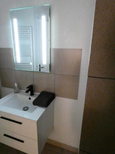 a bathroom with a sink and a mirror at Appartement centre historique Sancerre in Sancerre
