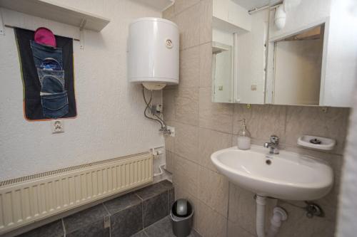 a small bathroom with a sink and a mirror at Studio apartman Kamenčić in Osijek