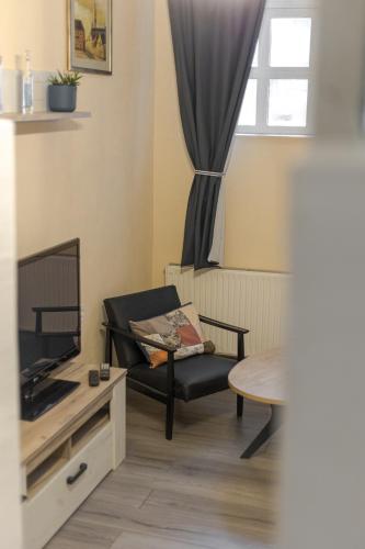 a living room with a chair and a tv at Studio apartman Kamenčić in Osijek