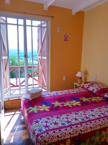 a bedroom with a bed and a large window at Cabaña Las Palmeras in El Soberbio