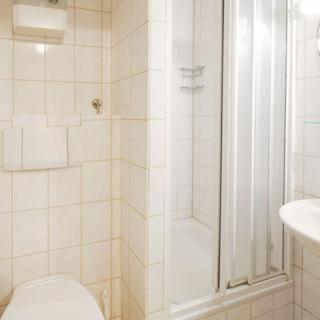 La salle de bains est pourvue d'une douche, de toilettes et d'un lavabo. dans l'établissement Ferienwohnung Efeu, à Altenau