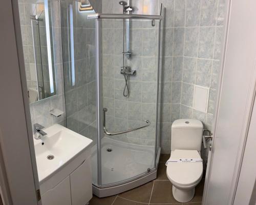 a bathroom with a shower and a toilet and a sink at Prykarpattya in Ivano-Frankivsʼk