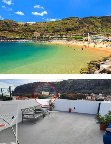two pictures of a beach with a table and chairs at Machico center w/ terrace 5 min beach in Machico