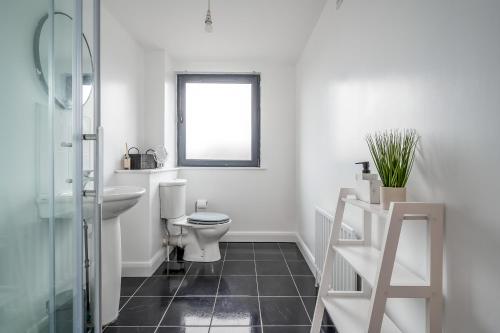 a white bathroom with a toilet and a sink at BOYEILLES BELFAST 2 BED MODERN COZY APARTMENT in Belfast