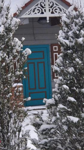 a house with a blue door in the snow at Zagroda w Puszczy in Białowieża