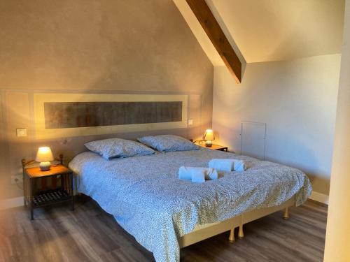 a bedroom with a large bed with blue sheets and pillows at La longère T3 - Au Golf de Bellême - Parking - Wifi - 4 Pers in Bellême