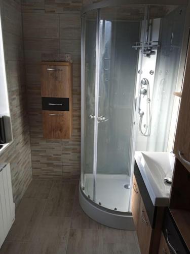 une salle de bain avec douche et lavabo dans l'établissement location maison vacance, à Pouru-Saint-Rémy