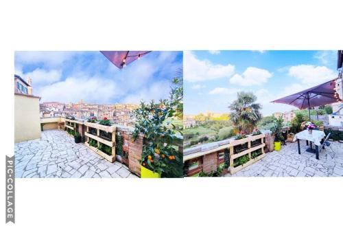 a collage of three pictures of a patio with an umbrella at Gest Short Rent Siena 2 in Siena