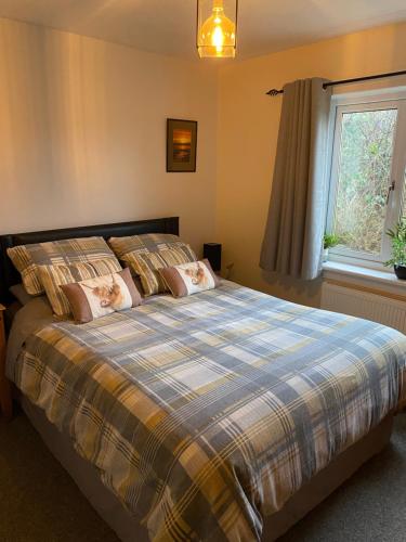1 dormitorio con cama con almohadas y ventana en Jacquie's B&B -Dumfries-Room with a view - hot tub en Dumfries