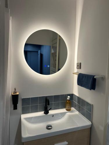 ein Bad mit einem Waschbecken und einem Spiegel in der Unterkunft Cocon lumineux T3 proche de Lyon, facile d'accès in Saint-Fons