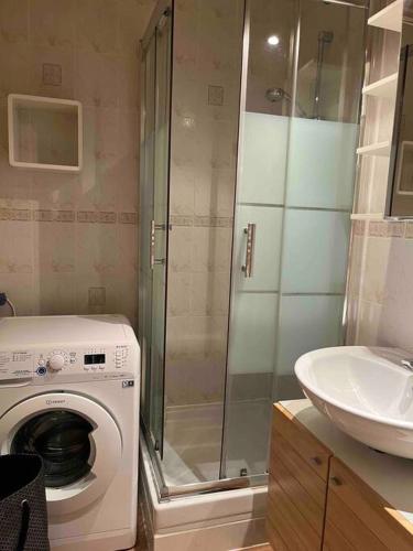 une salle de bain avec une machine à laver et un lavabo dans l'établissement Le Cocon Central d'Orléans, à Orléans