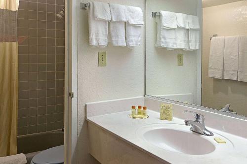 a bathroom with a sink and a toilet and a mirror at Days Inn by Wyndham Gainesville University in Gainesville