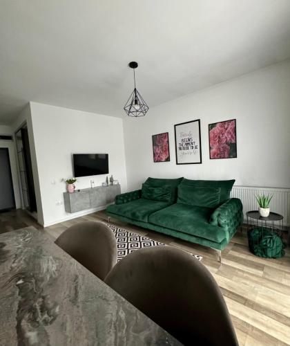 a living room with a green couch and a tv at Velvet Studio in Târgu-Mureş