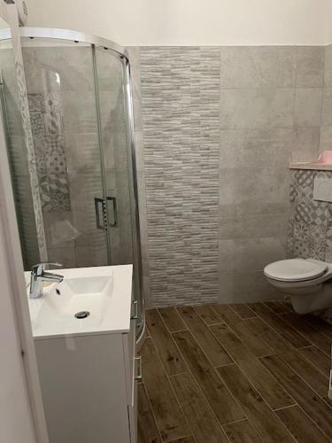 une salle de bain avec toilettes, lavabo et douche dans l'établissement Très beau F2 au cœur du village, aux Rousses