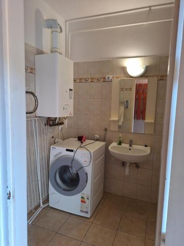 a small bathroom with a washing machine and a sink at Margit Apartman in Hajdúszoboszló