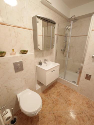 a bathroom with a toilet and a sink and a shower at FewoKorte in Bad Oeynhausen