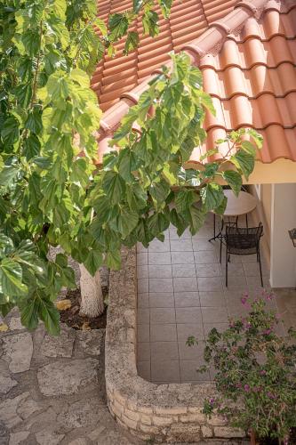 a patio with a table and trees and a roof at Earino in Kato Asites