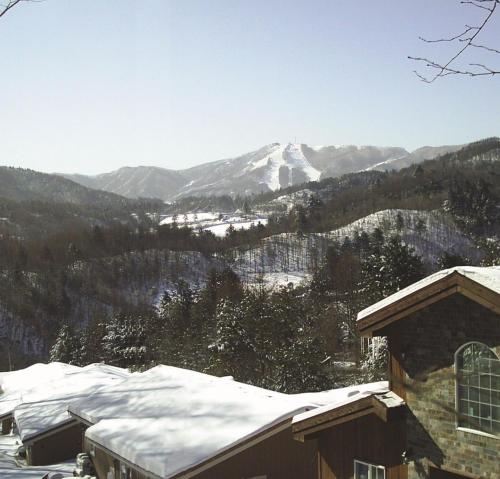 a view of a snow covered mountain from a house at Hue 700 in Pyeongchang 