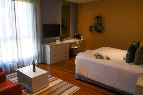 a bedroom with a bed and a desk and a television at Sanma Hotel in Foz do Iguaçu
