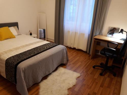 a bedroom with a bed and a desk and a chair at Sunny Cozy Apartament Floreasca in Bucharest