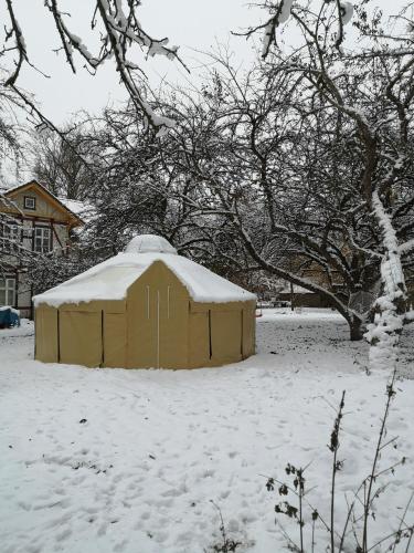 uma pequena tenda amarela num quintal coberto de neve em Jurten im Garten Eden BUB em Gützkow