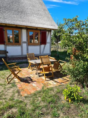 a patio with a table and chairs in front of a house at Fischerhus Lütt Hauke 75 qm Annerose in Altwarp