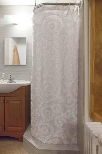 a bathroom with a shower curtain and a sink at 2 Bedroom Apt with 3 Beds - Friends & Family in New York