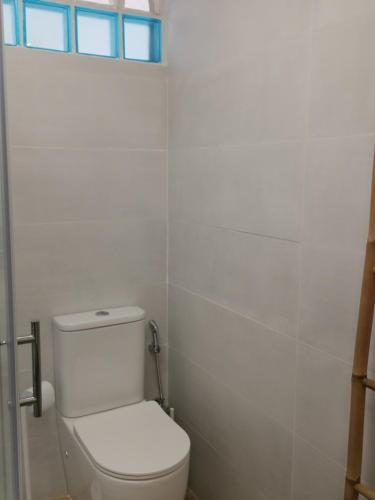 a white bathroom with a toilet and a window at Relais Pollo Loco in Valencia