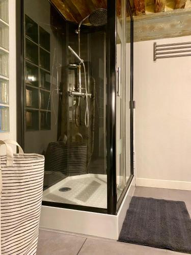 une douche avec une porte vitrée dans une salle de bain dans l'établissement Loft moderne & cosy Terreaux / Croix Rousse - Courts et longs séjours, à Lyon
