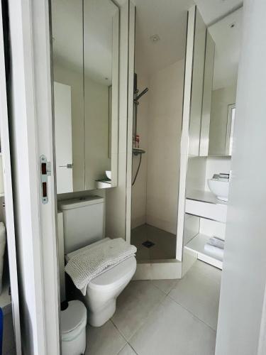 une salle de bain blanche avec toilettes et douche dans l'établissement Cozy apartment with nice terrace, à Paris