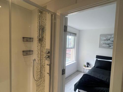 a bathroom with a shower and a glass door at Broadway’s Canterbury City Escape in Canterbury
