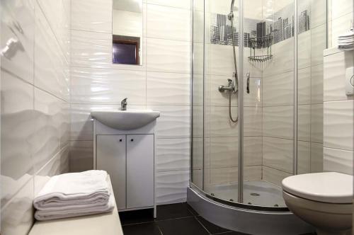 ein Bad mit einer Dusche, einem Waschbecken und einem WC in der Unterkunft Hotel i Restauracja - Jastrzębia Góra in Puck