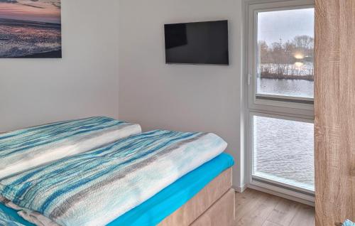 a bedroom with a bed and a tv and a window at Beautiful Home In Tossens With Lake View in Tossenserdeich